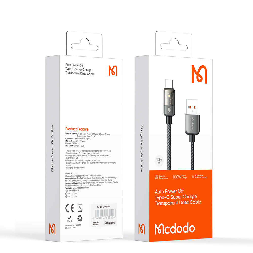 Mcdodo CA3150 Auto Power Off 6A Type-C Super Charge Transparent Data Cable (1.2m/1.8m)