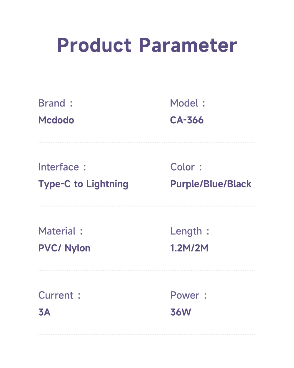 Mcdodo CA3662 Dichromatic Series 36W Type-C to Lightning Data Cable (1.2m/2.0m)