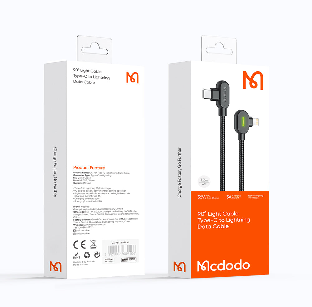 Mcdodo CA7370 Button Series PD 90 Degree Type-C to Lightning Cable Compatible For iPhone (1.2m/1.8m)