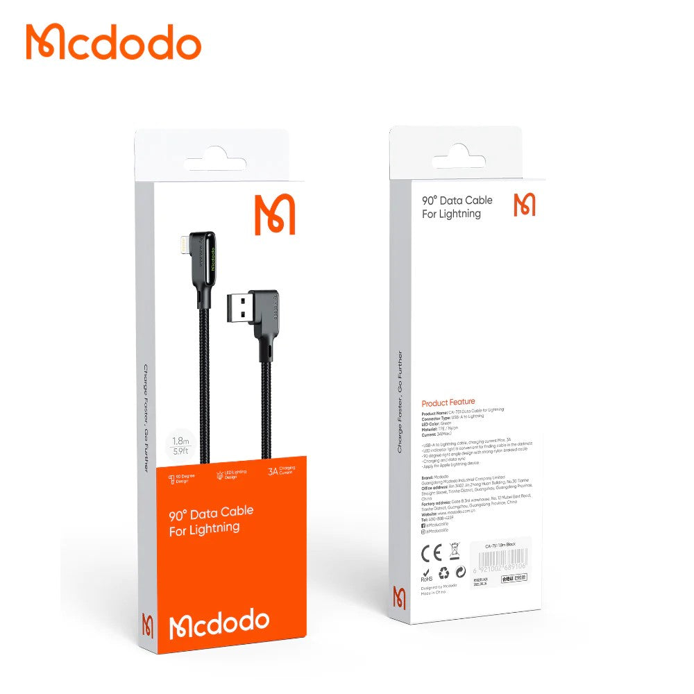 Mcdodo CA7510 Black Glue Series 3A 90 Degree Gaming Lightning Cable Compatible For iPhone (1.2m/1.8m)