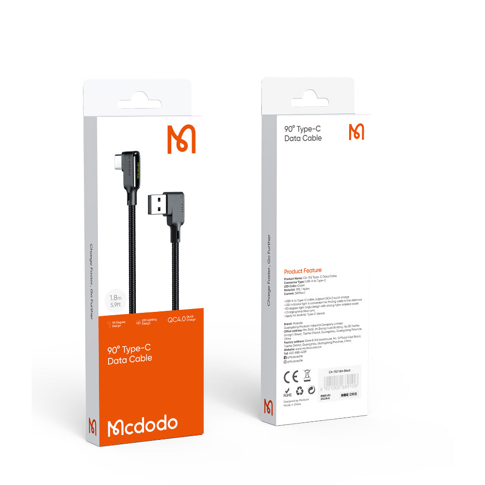 Mcdodo CA7520 Black Glue Series 90 Degree USB to Type-C Gaming Data Cable (1.2m/1.8m)