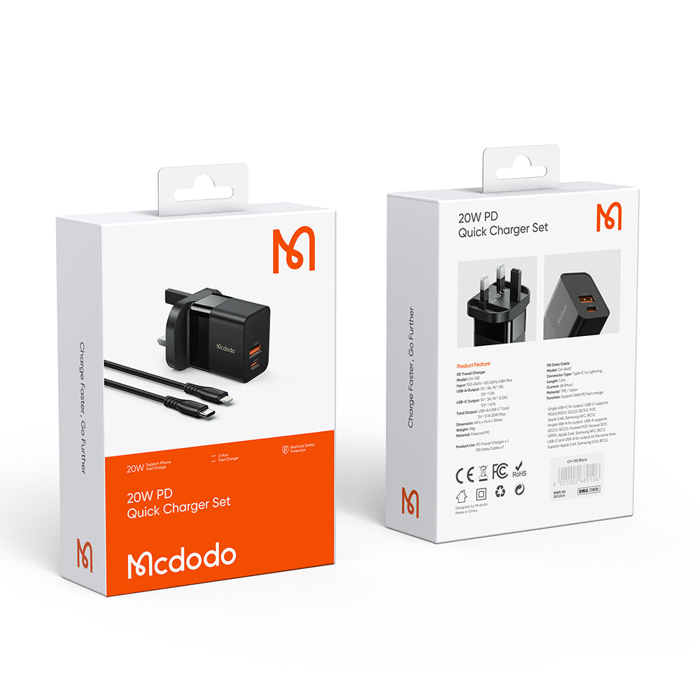 Mcdodo CH1302 Hydrogen Series 20W Charger + Type C To iOS Devices iPhone Cable Set (UK PLUG)