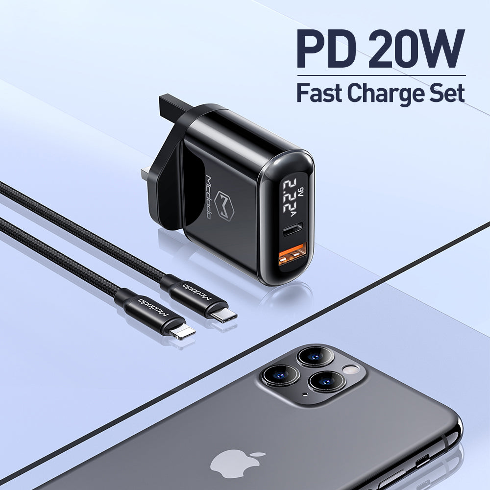 Mcdodo CH7231 20W Fast Charging Dual Port Type-C + USB Wall Charger + Type C to Lightning Cable Set (UK Plug)