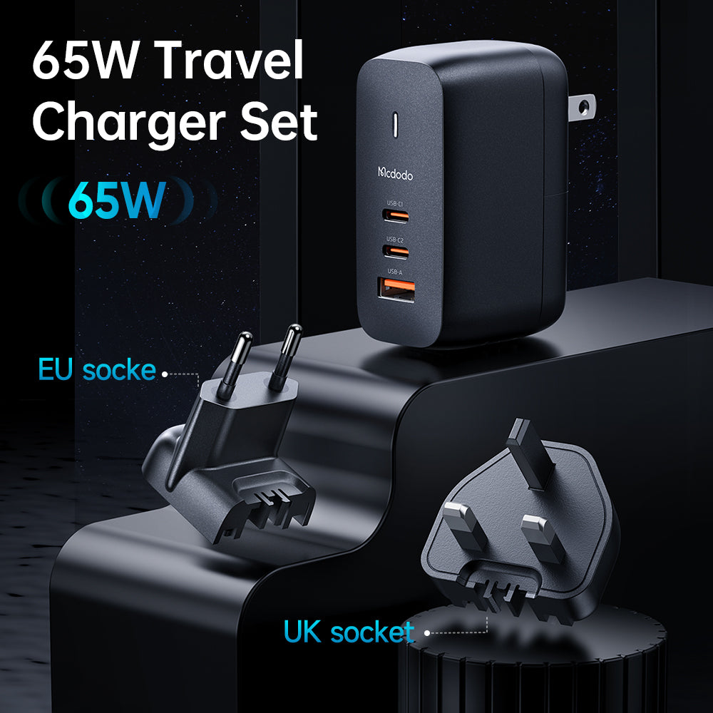 MCDODO CH8442 Mecha Series GaN 65W Dual Type-C + USB Mini Size Wall Charger Set (EU/UK/US plug)