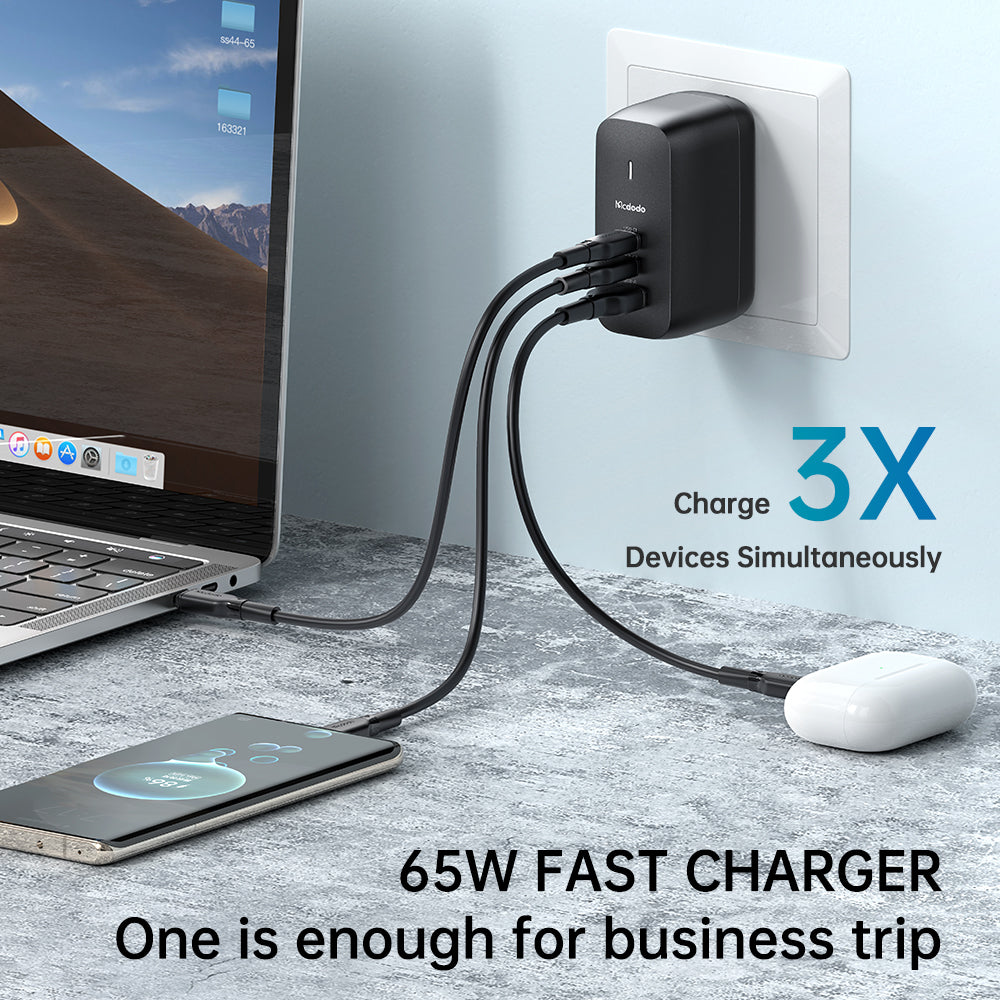 MCDODO CH8442 Mecha Series GaN 65W Dual Type-C + USB Mini Size Wall Charger Set (EU/UK/US plug)