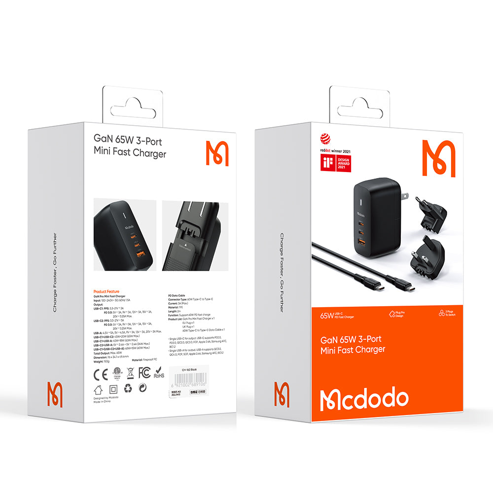 MCDODO CH8442 Mecha Series GaN 65W Dual Type-C + USB Mini Size Wall Charger Set (EU/UK/US plug)